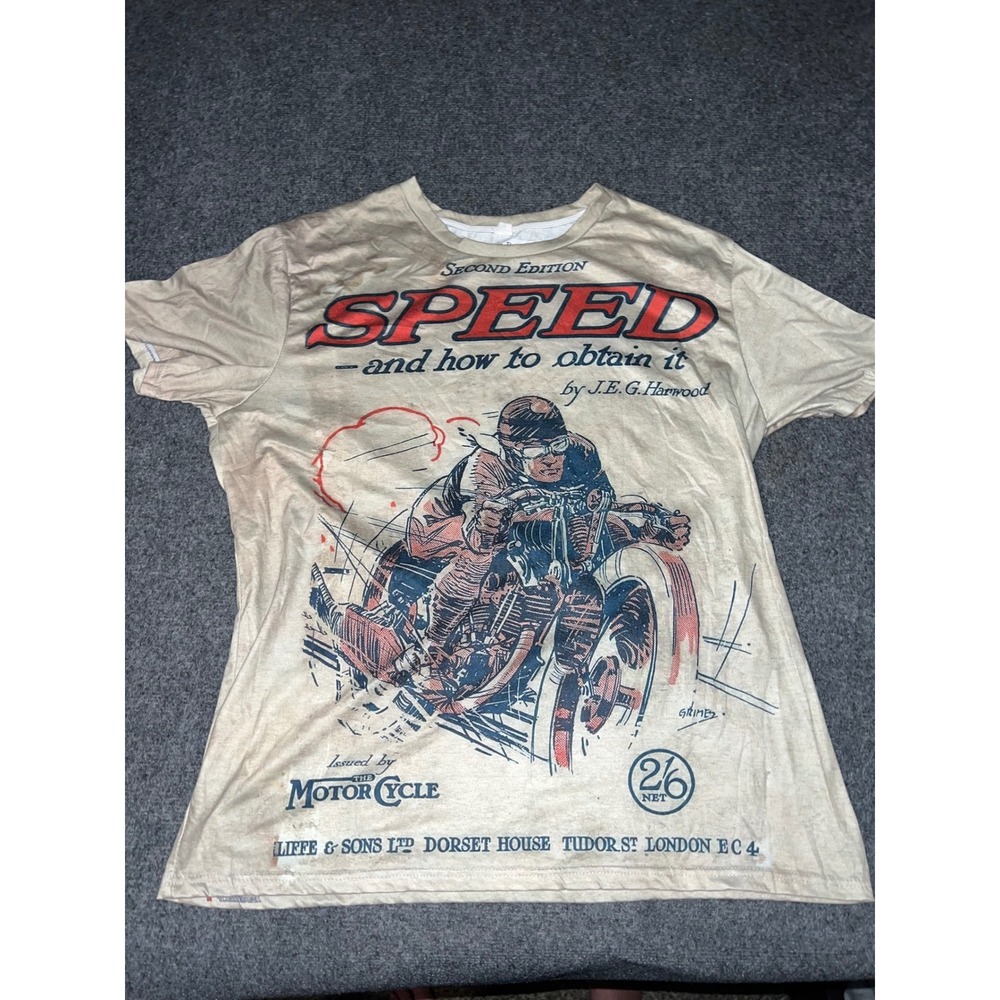 Vintage Style Speed Motorcycle Graphic T-Shirt Beige Red Short Sleeve Large